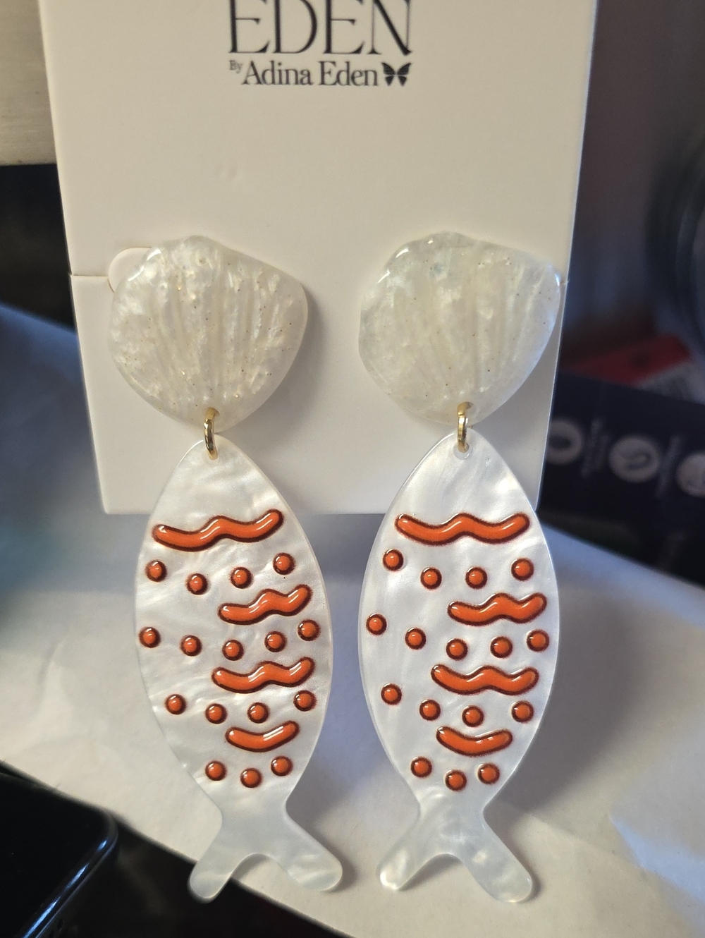 Adina Eden White Shell Fish Drop Earrings with Orange Accents